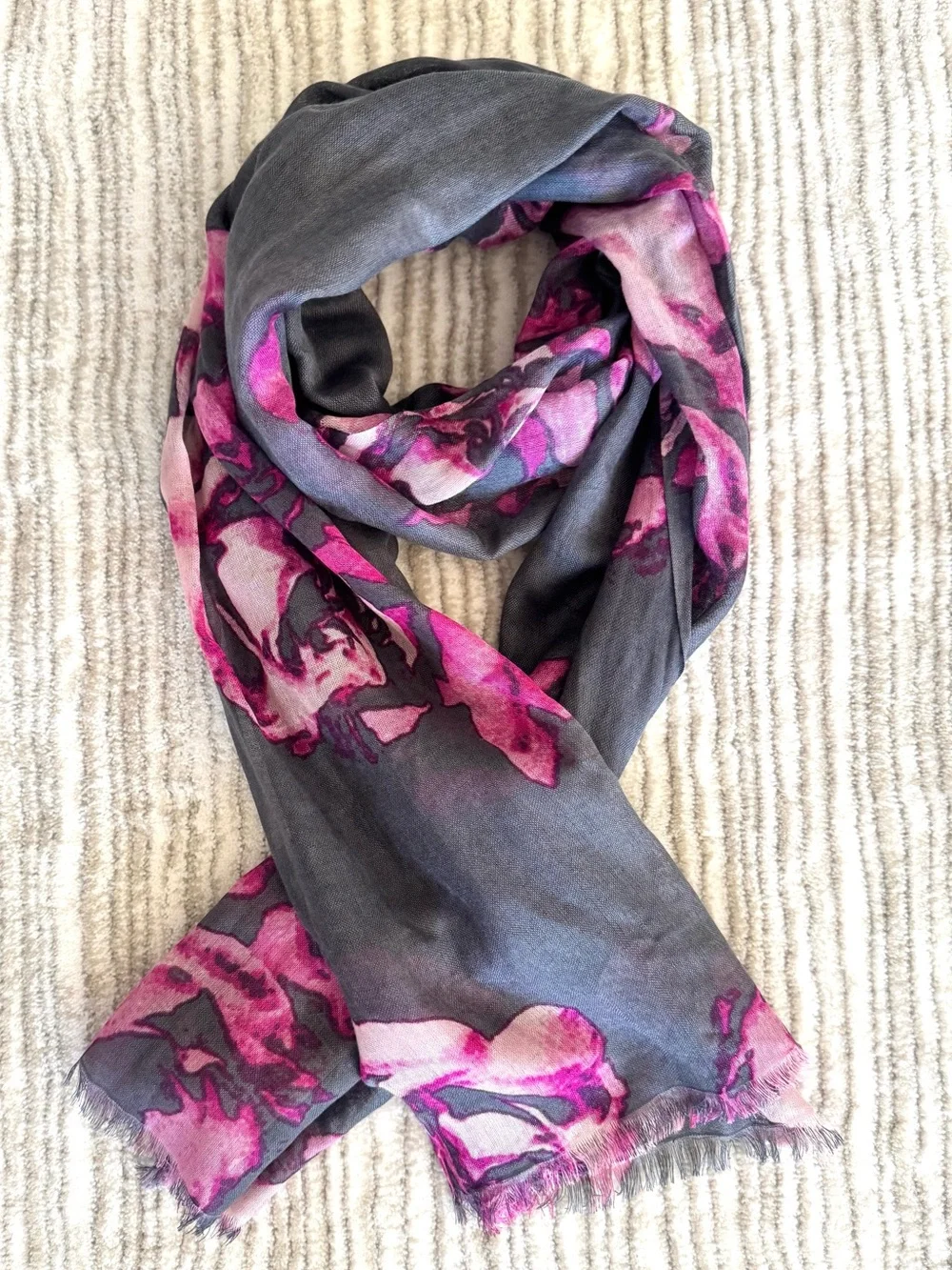Banana Republic Silk Wool Floral Scarf Pink Charcoal Gray 72x22